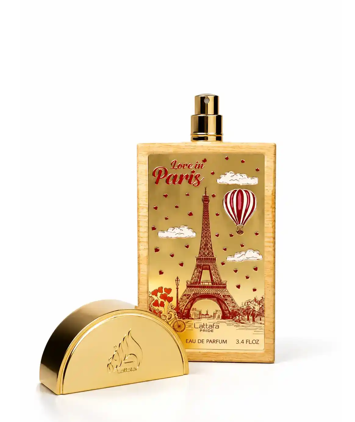 Botella de Lattafa Pride Love in Paris con reflejo elegante para catálogo eCommerce.