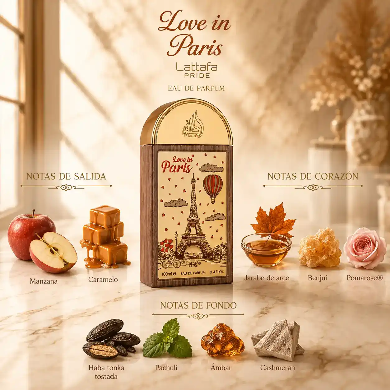 Composición natural de Lattafa Pride Love in Paris con ingredientes oficiales del perfume.