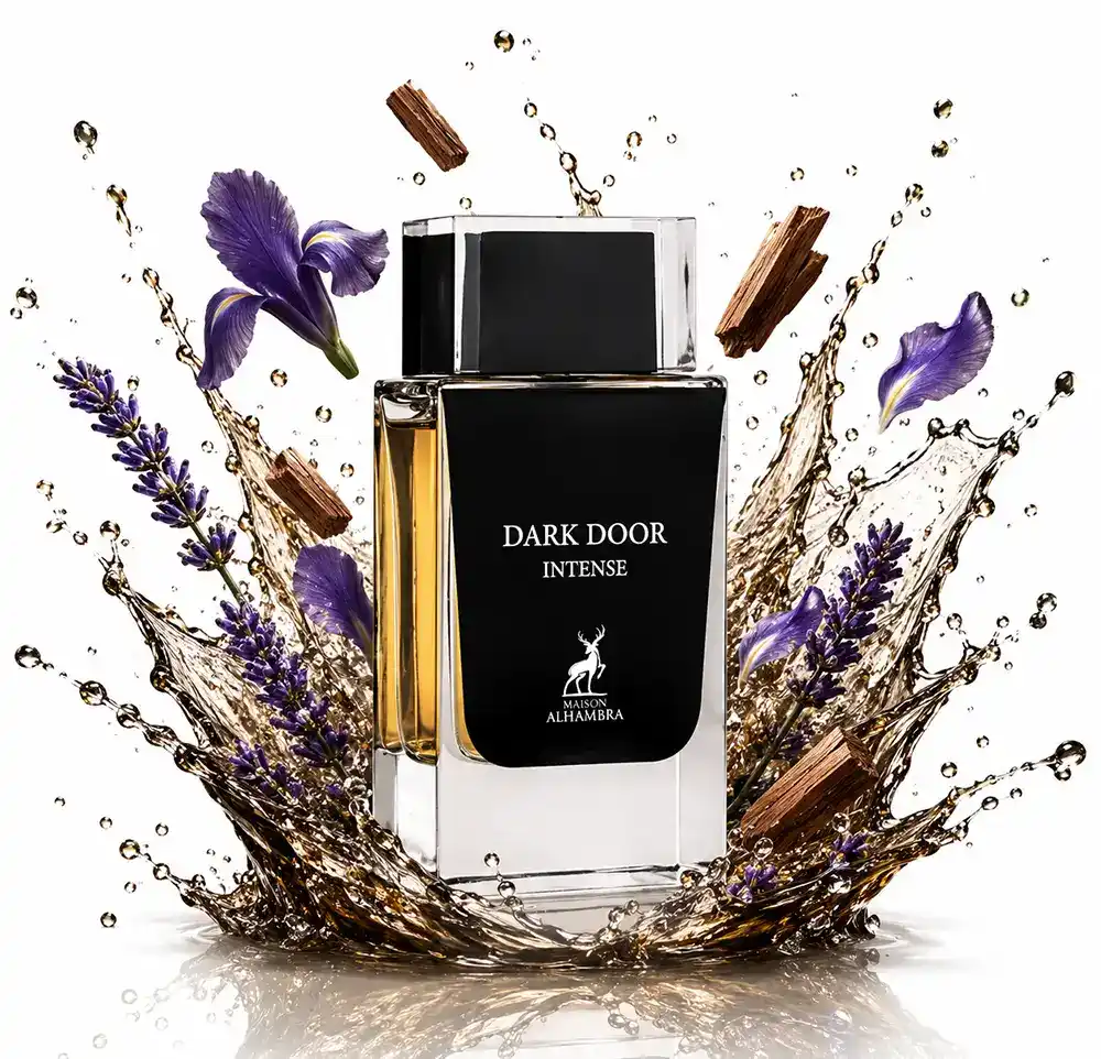 Presentación de Dark Door Intense Maison Alhambra con frasco y caja