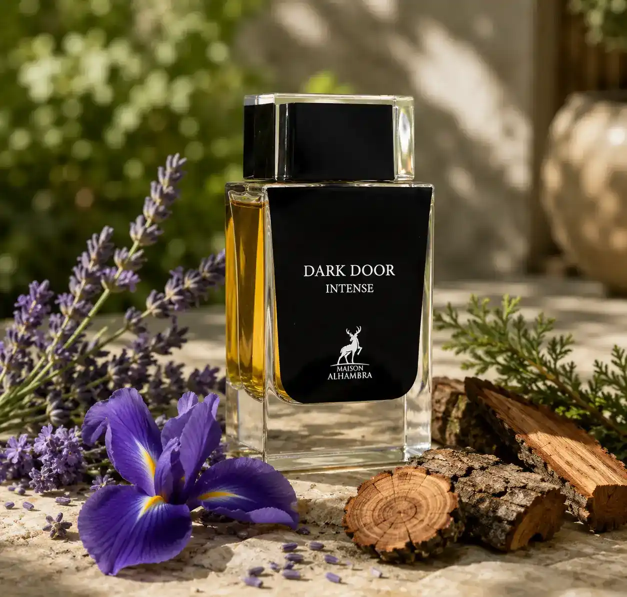 Maison Alhambra Dark Door Intense rodeado de lavanda e iris morado