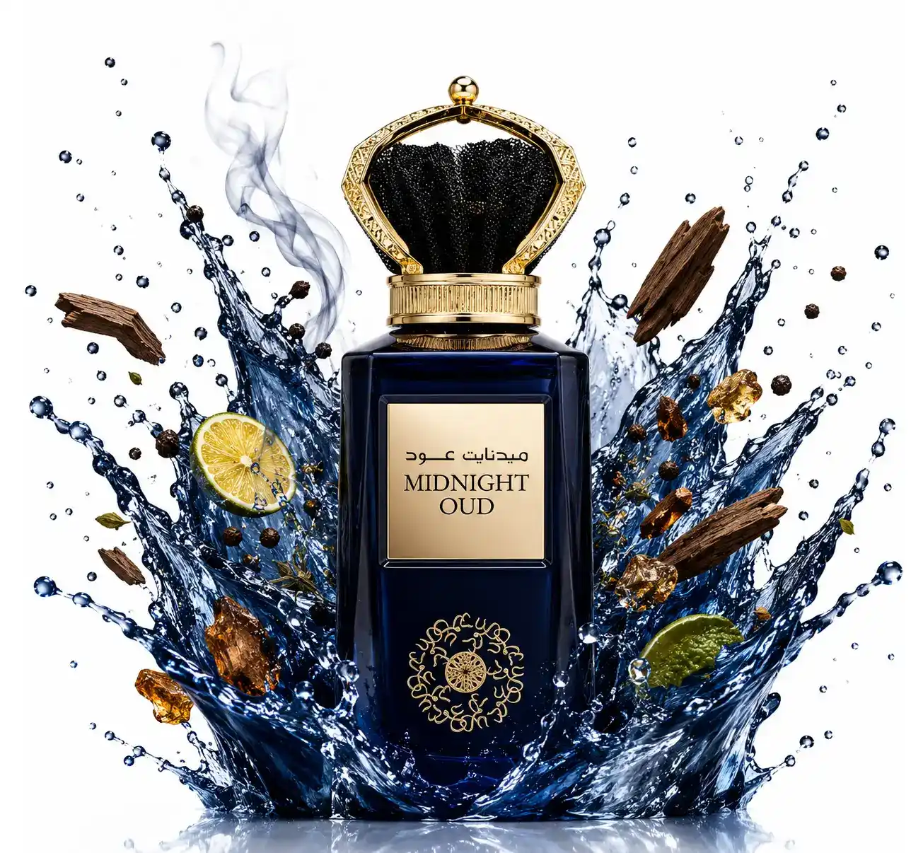 Frasco azul de Midnight Oud Ard Al Zaafaran con sombras nocturnas