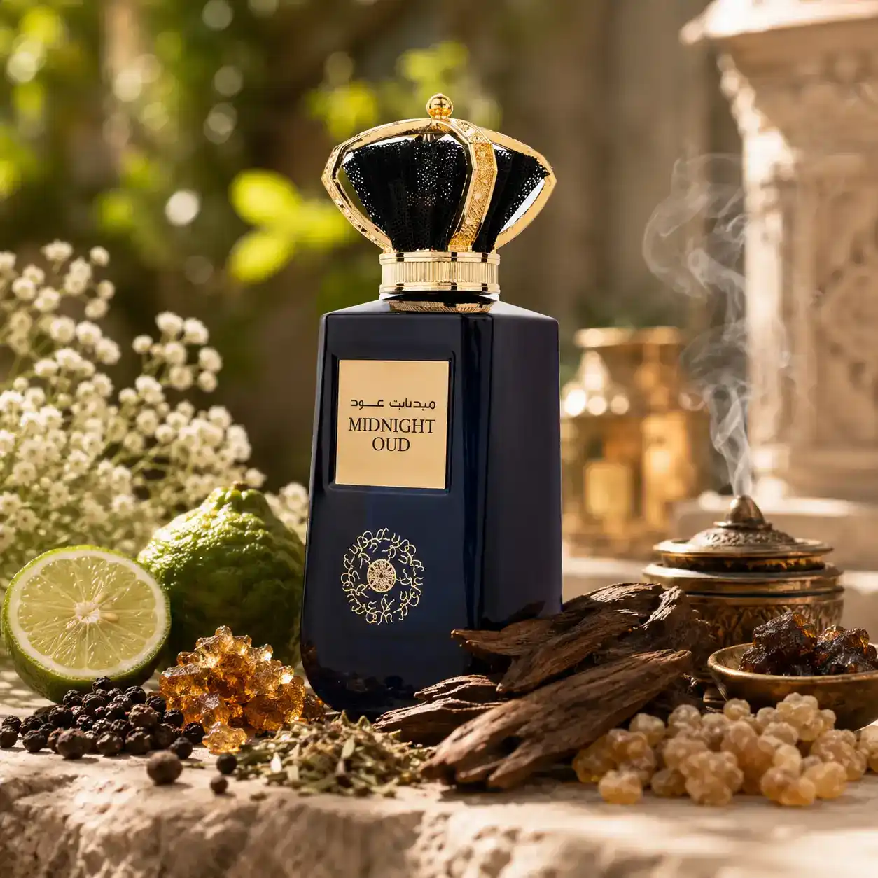 Modelo sosteniendo Midnight Oud Ard Al Zaafaran en ambiente elegante
