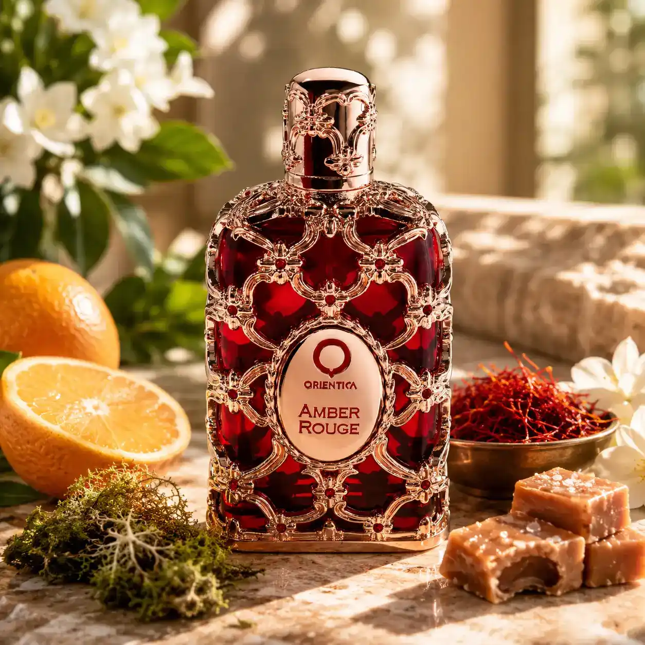 Composición de Orientica Amber Rouge con ingredientes oficiales y luz natural