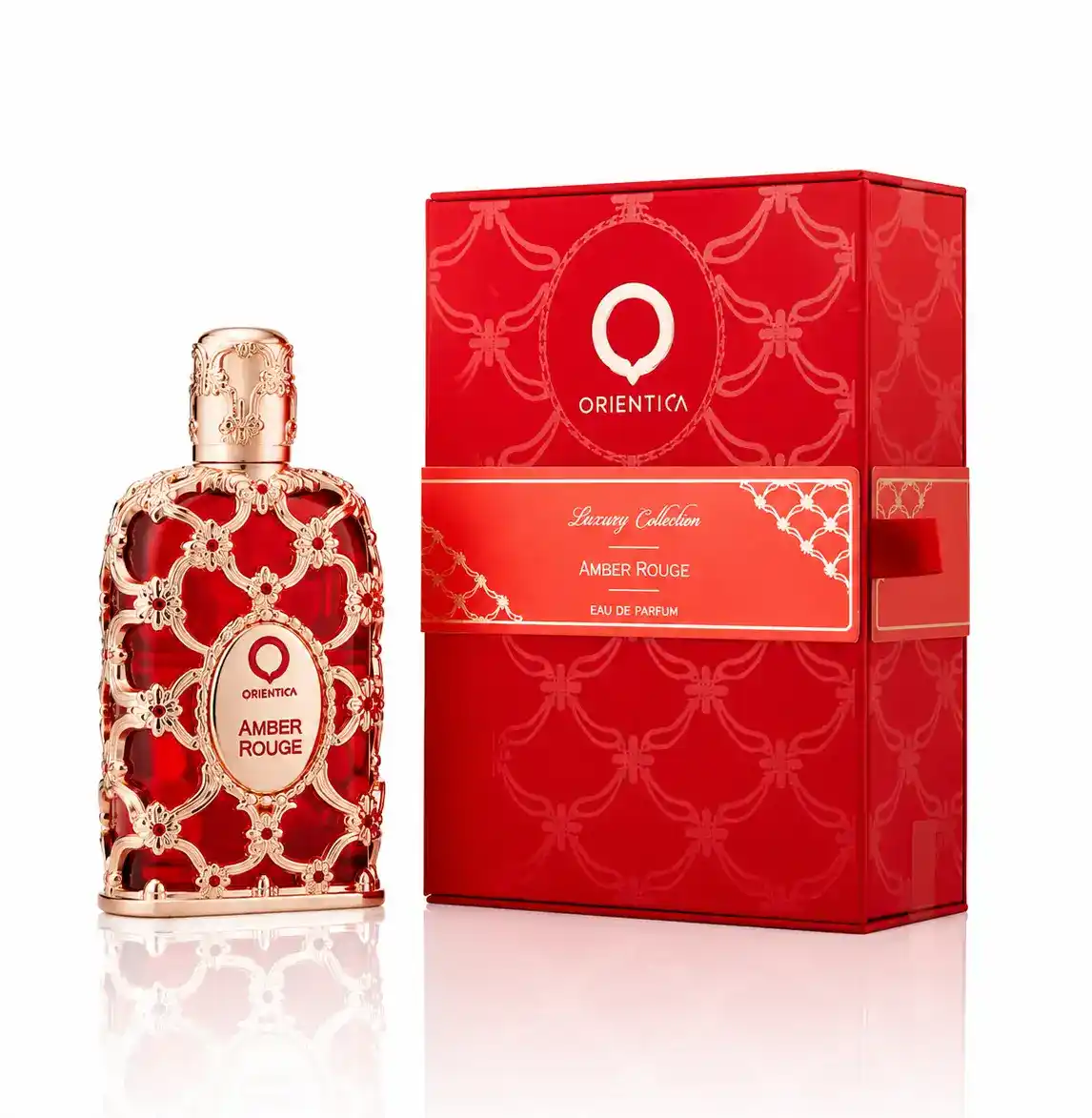 Modelo elegante junto a Orientica Amber Rouge en campaña publicitaria premium