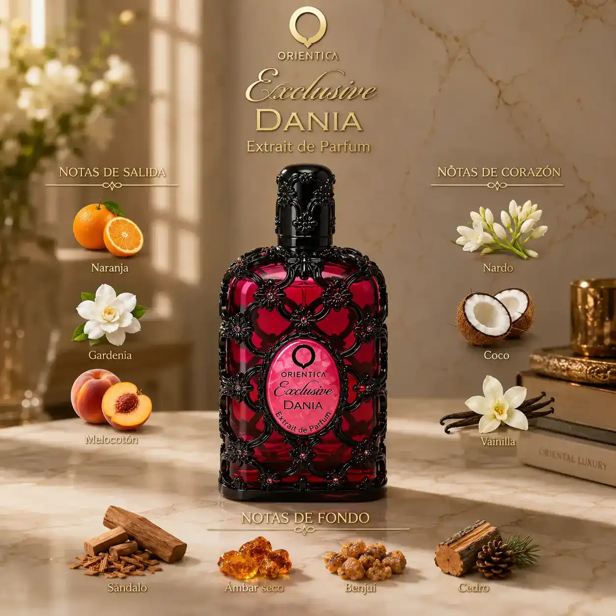 Composición de Orientica Dania con coco, vainilla y fondo rosa intenso