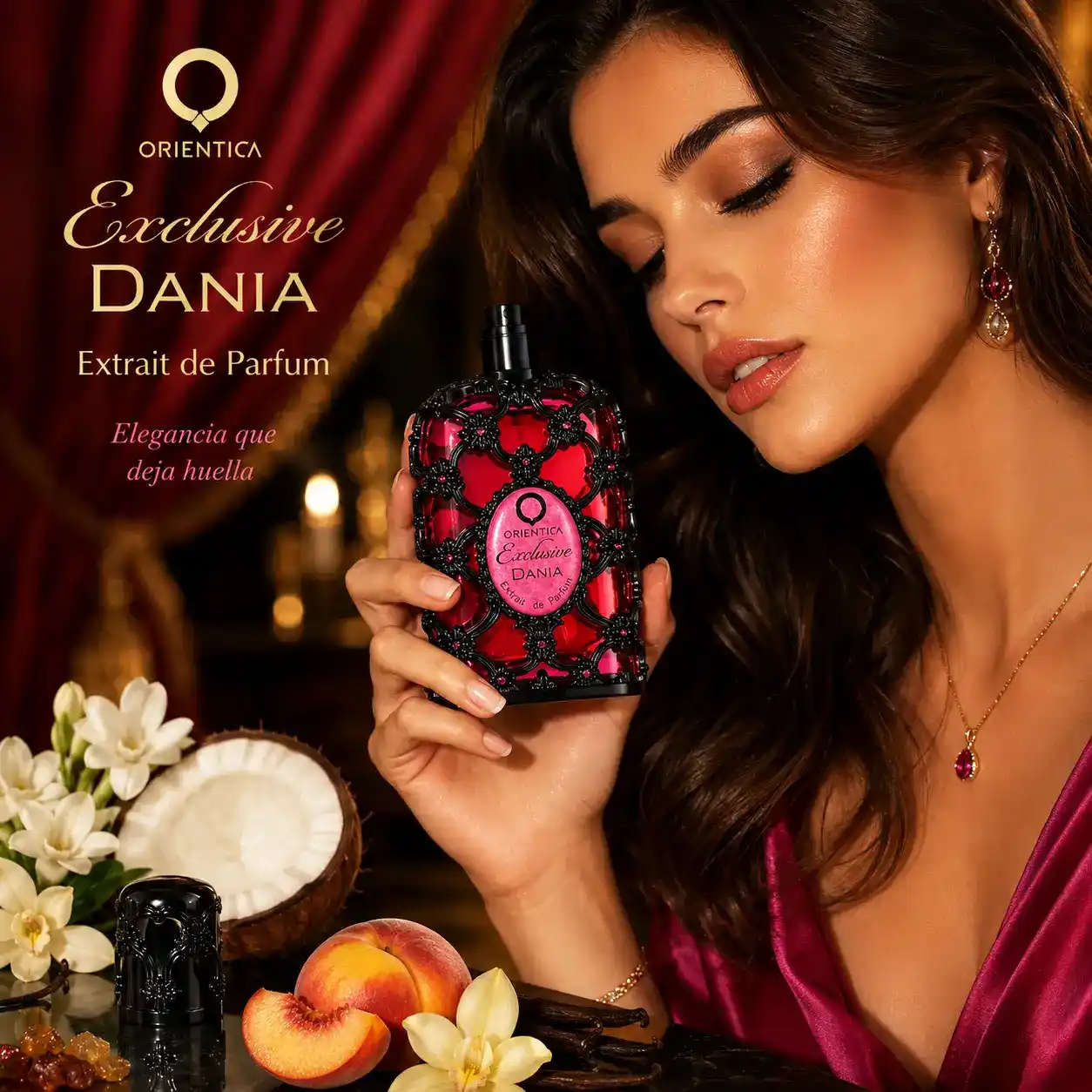 Orientica Dania junto a melocotón, gardenia y pétalos blancos