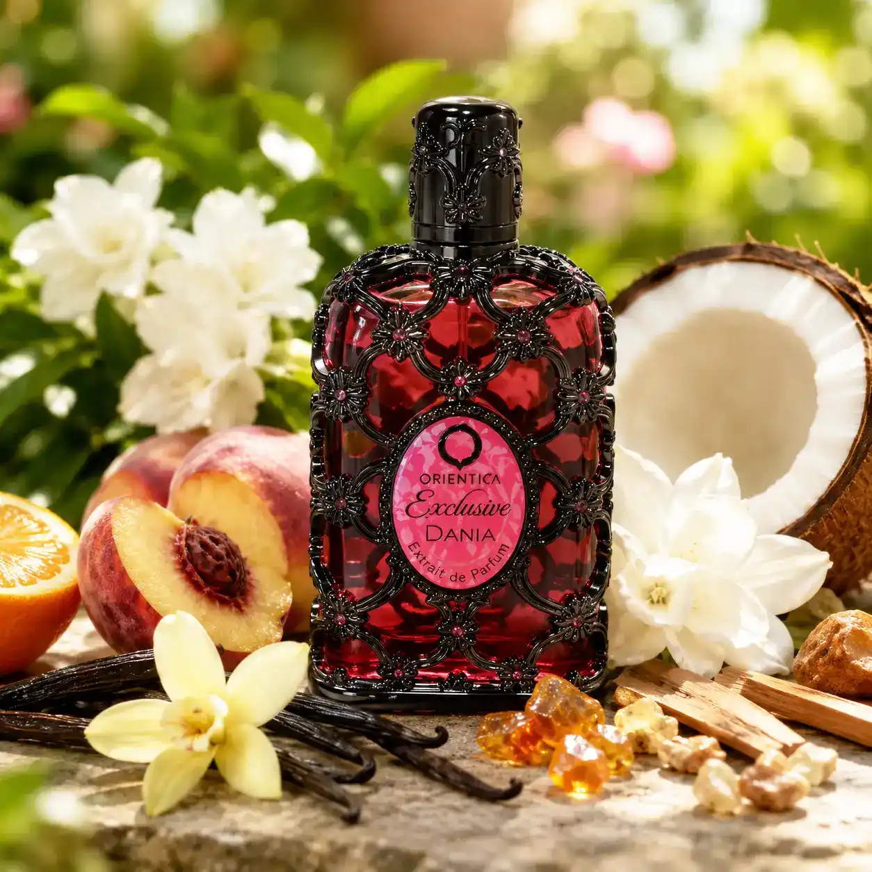 Frasco rosa de Orientica Dania con sombras negras y detalles dorados