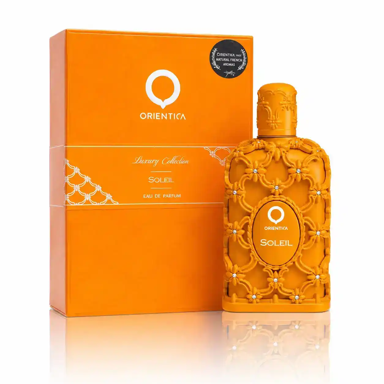 Frasco de Orientica Soleil EDP 80 ml sobre fondo blanco