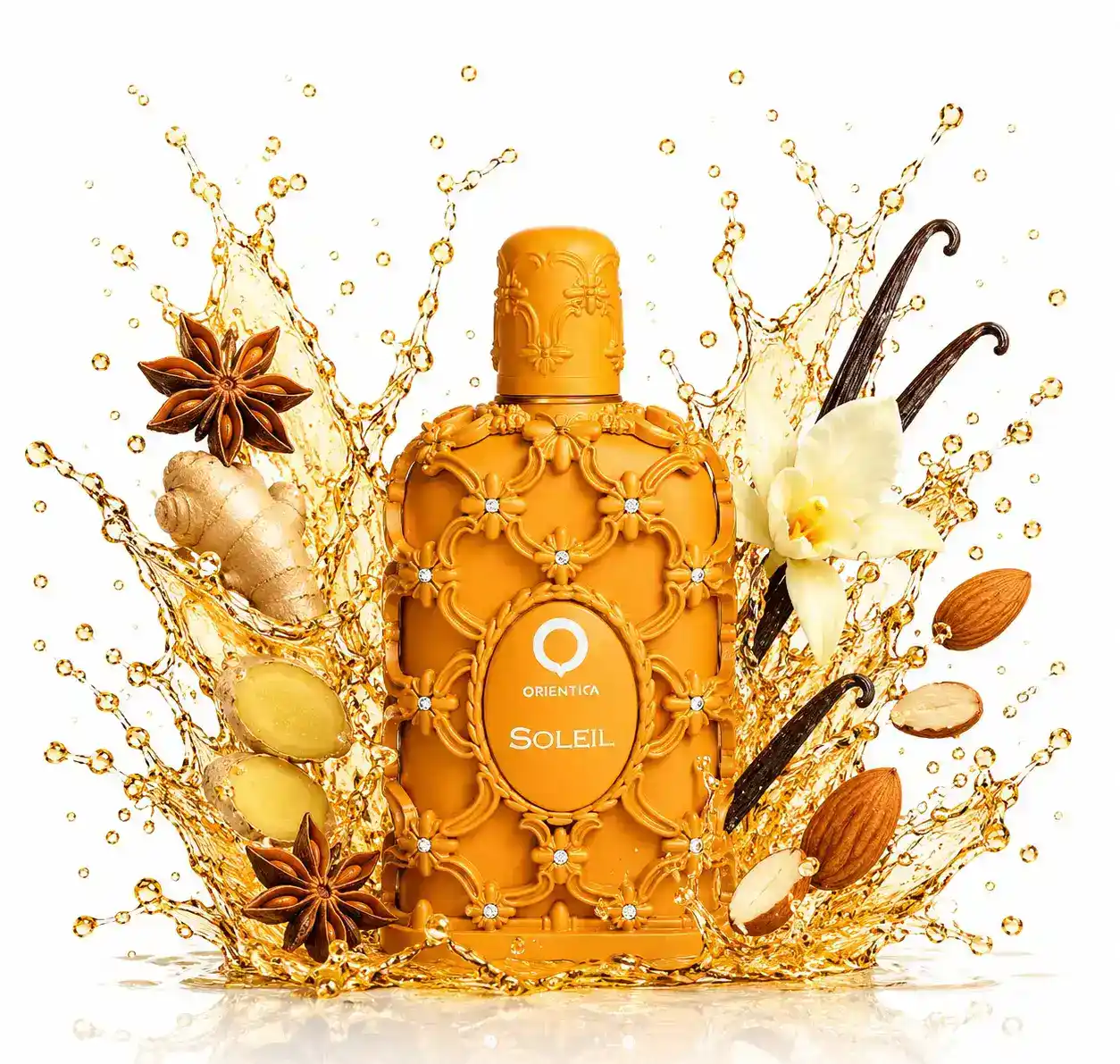 Orientica Soleil rodeado por un splash cremoso de tonos marfil