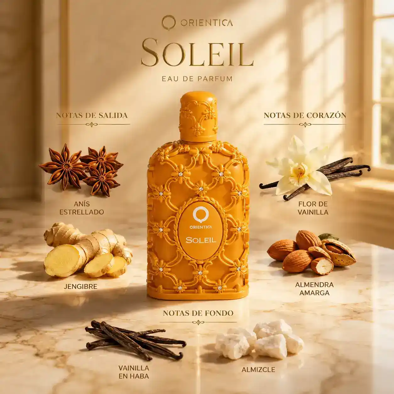 Orientica Soleil en composición elegante con vainilla y almendra amarga