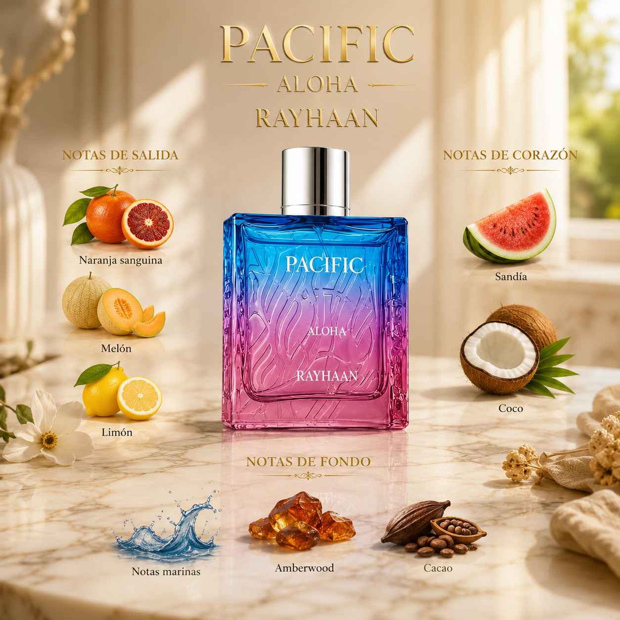 Frasco Rayhaan Pacific Aloha con diseño azul sobre fondo blanco