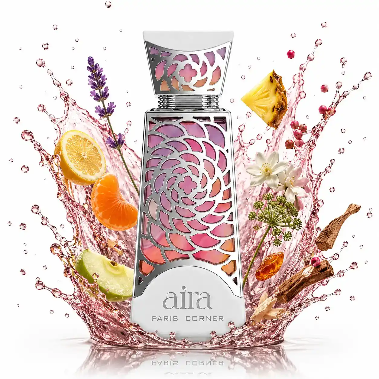 Imagen publicitaria de Aira Paris Corner con efecto splash dorado.