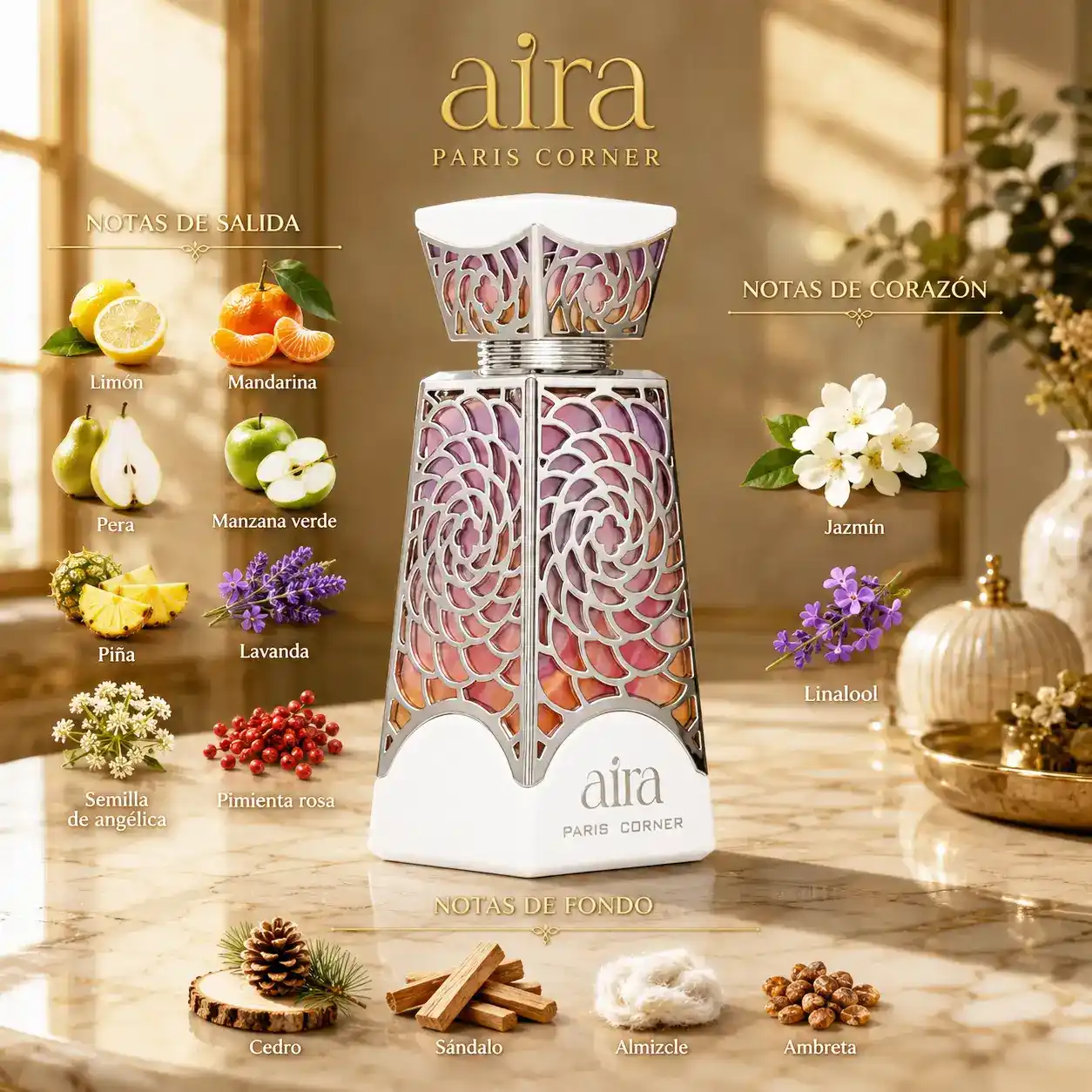 Aira Paris Corner sobre superficie de mármol con notas olfativas oficiales.