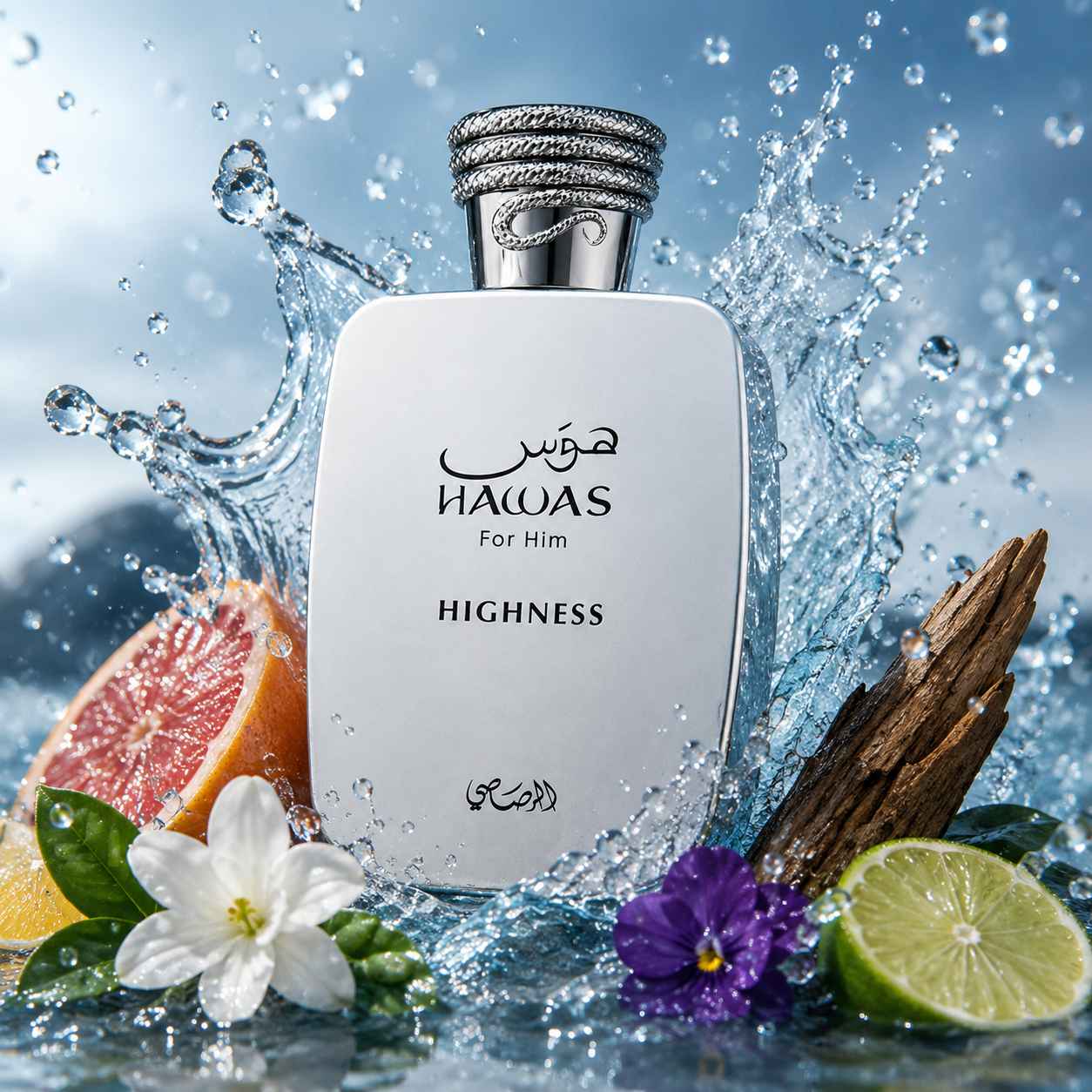 Rasasi Hawas Highness reflejado sobre una superficie de cristal blanca