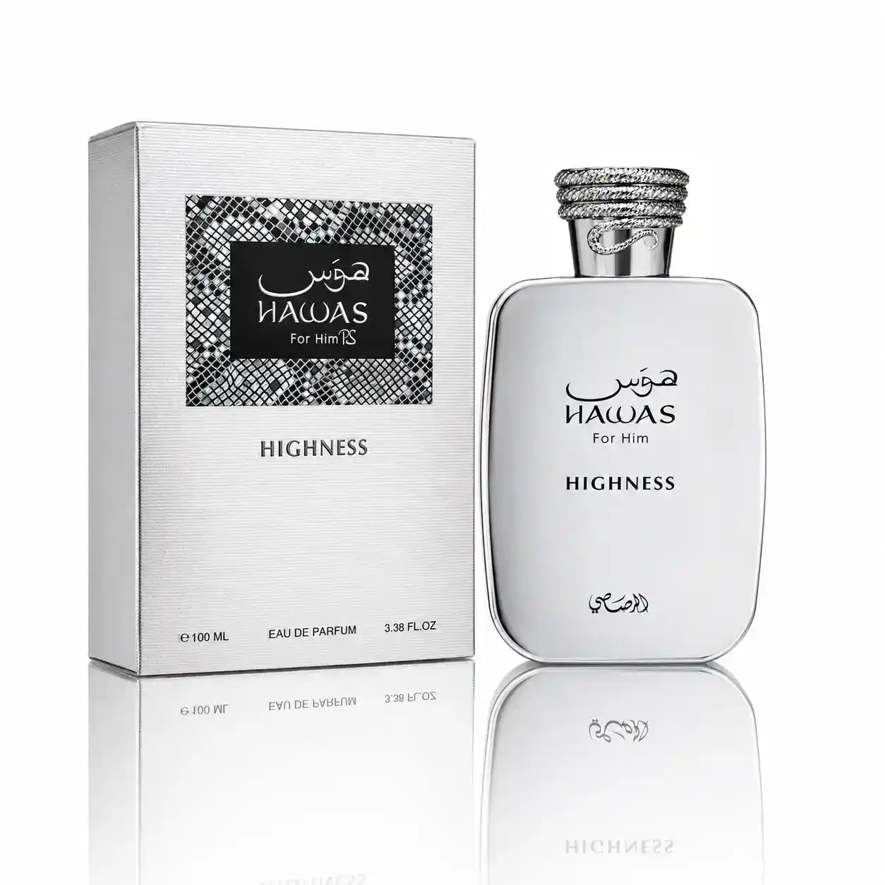 Frasco Rasasi Hawas Highness entre violetas, jazmín y madera de cedro