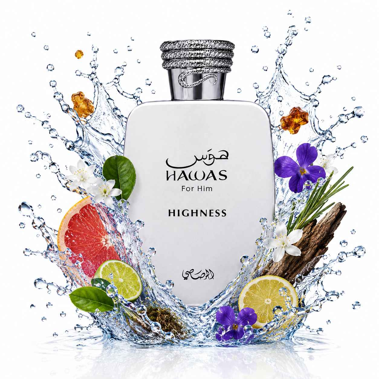 Modelo masculino junto a Rasasi Hawas Highness en ambiente luminoso