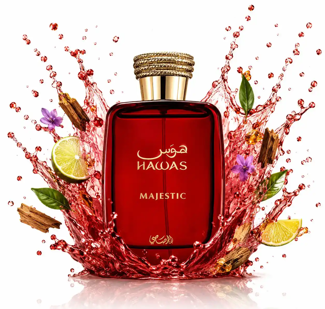 Botella de Rasasi Hawas Majestic sobre base de mármol con iluminación natural.