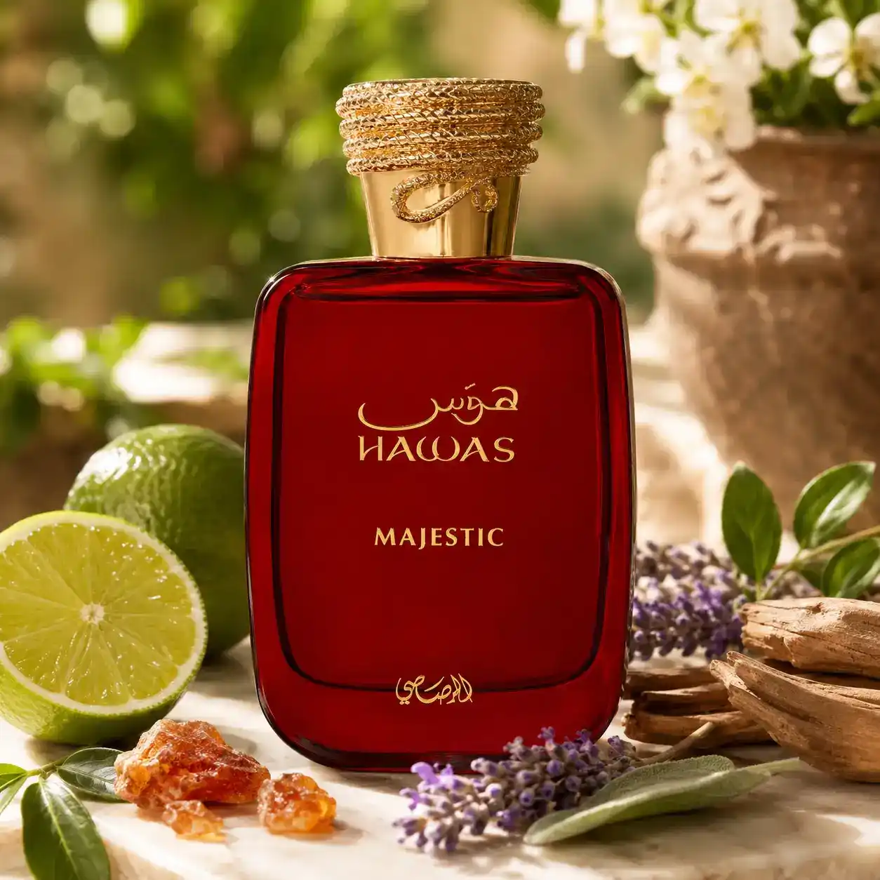 Rasasi Hawas Majestic EDP 100 ml con reflejo sobre superficie brillante.