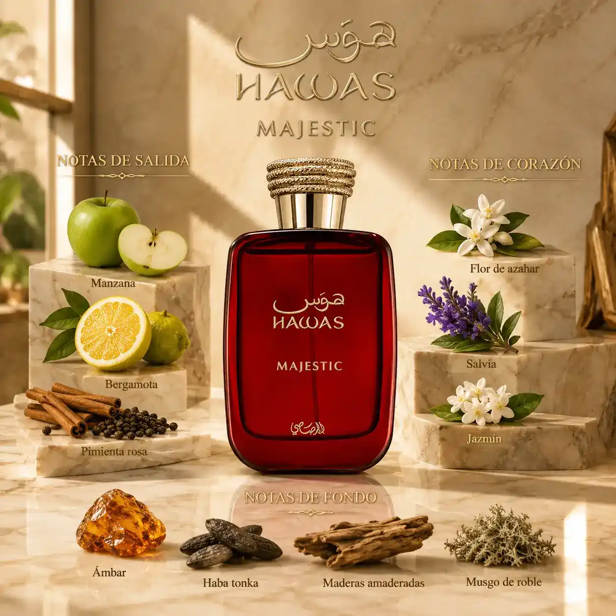 Frasco original de Rasasi Hawas Majestic Eau de Parfum 100 ml sobre fondo blanco.