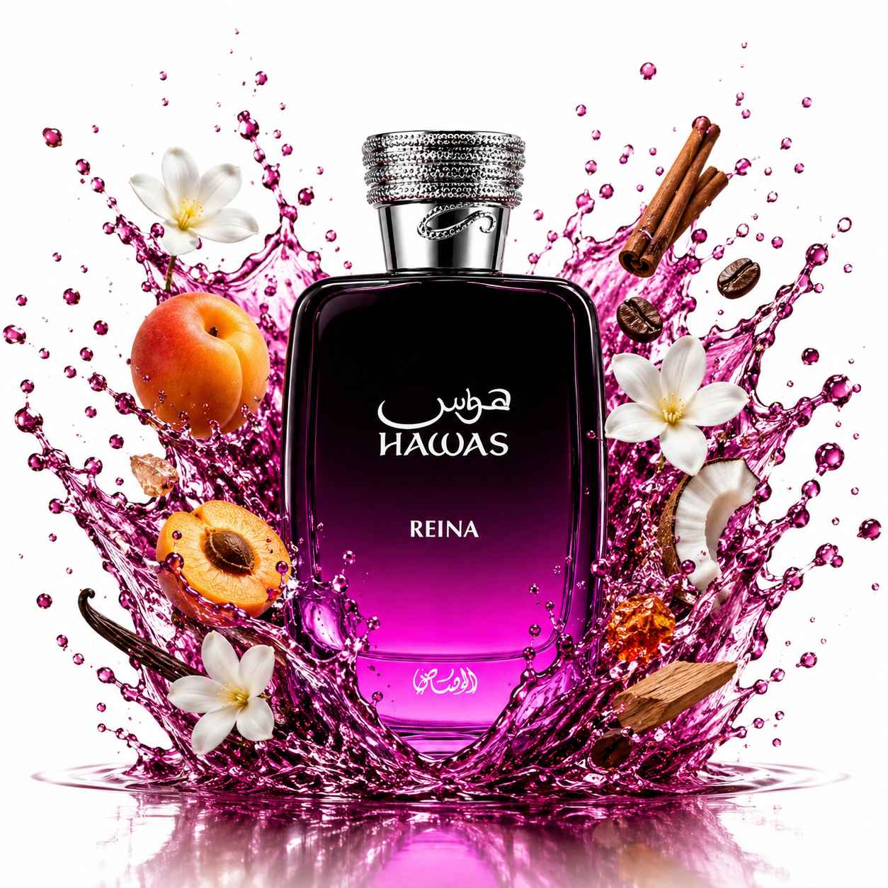 Frasco Rasasi Hawas Reina con degradado fucsia y tapón plateado