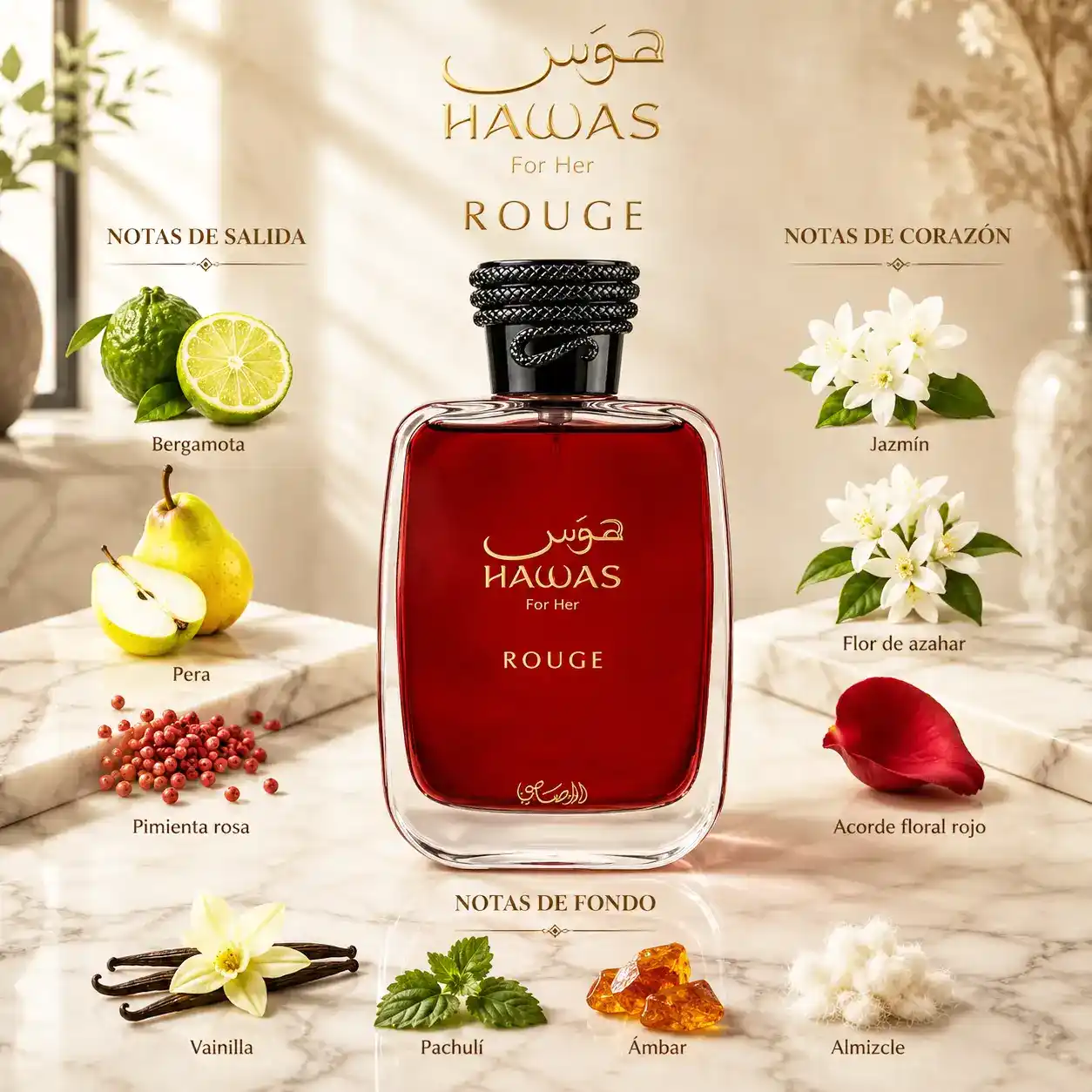 Presentación de Rasasi Hawas Rouge con frasco rojo y tapón dorado