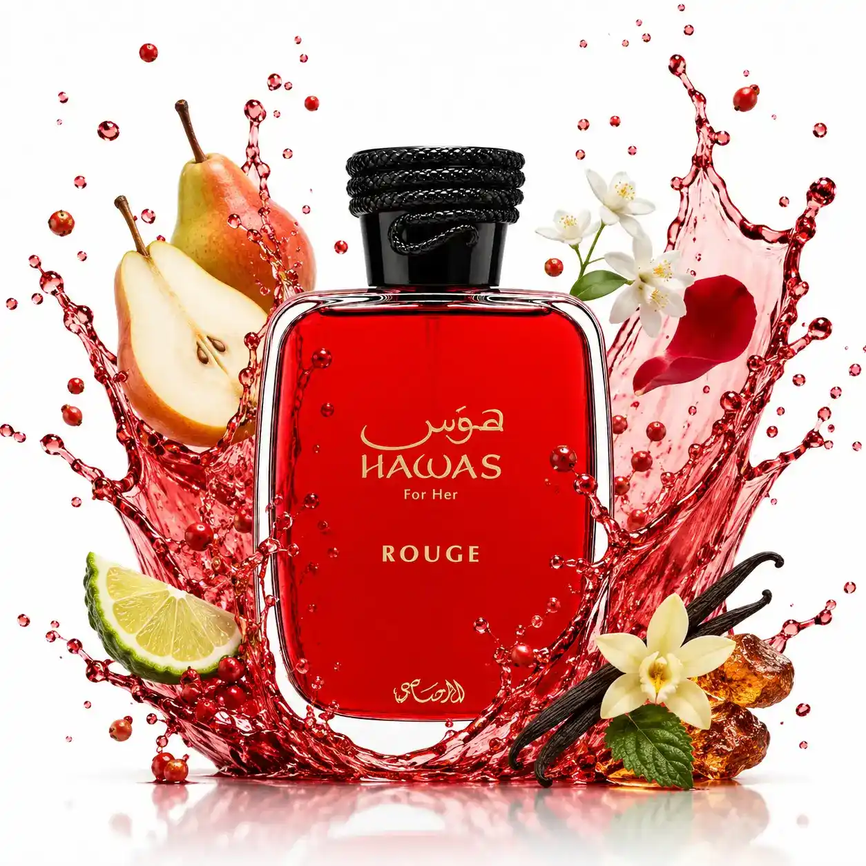 Splash rojo alrededor del frasco Rasasi Hawas Rouge
