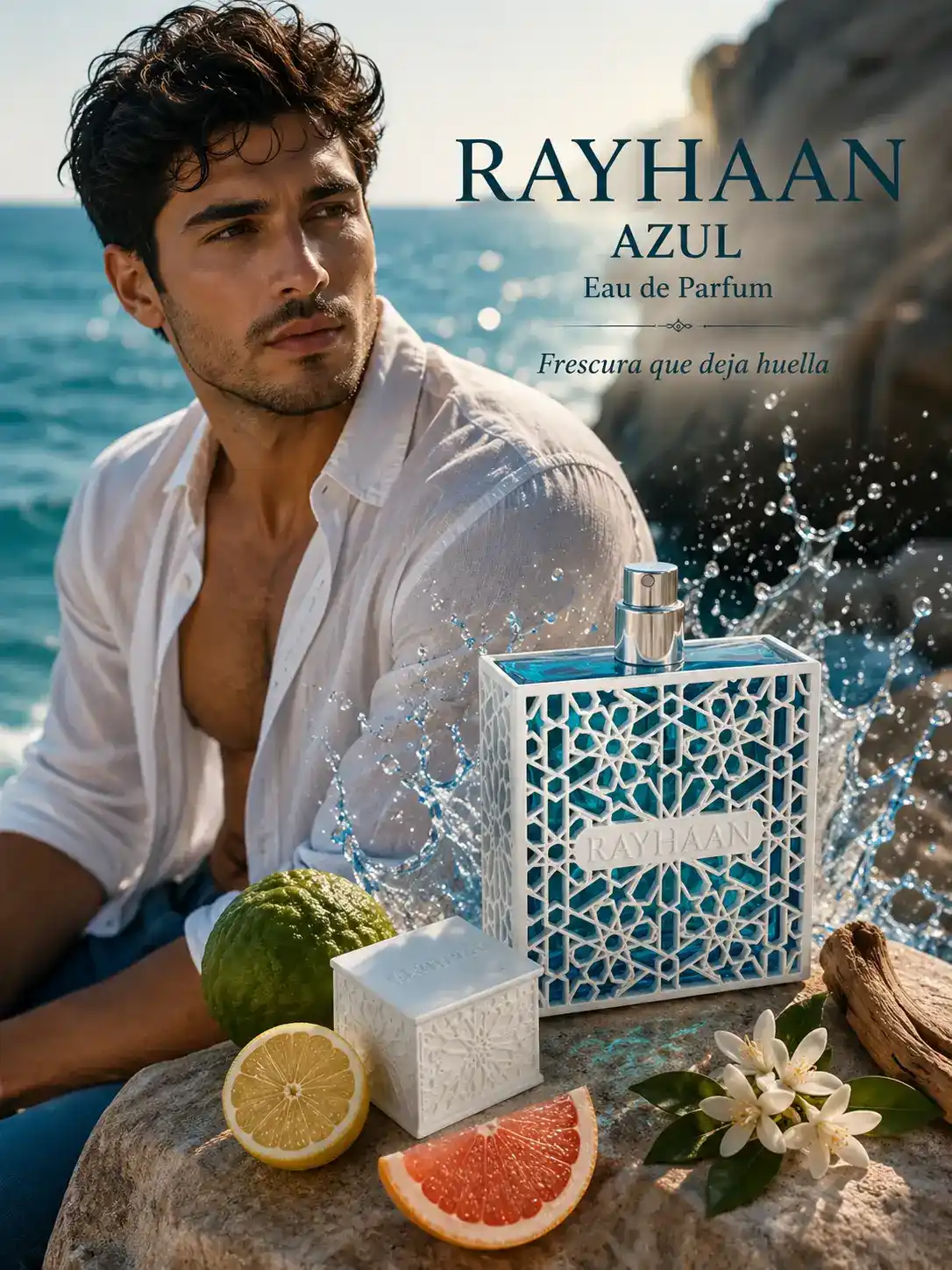 Campaña publicitaria de Rayhaan Azul con modelo masculino y ambiente costero.