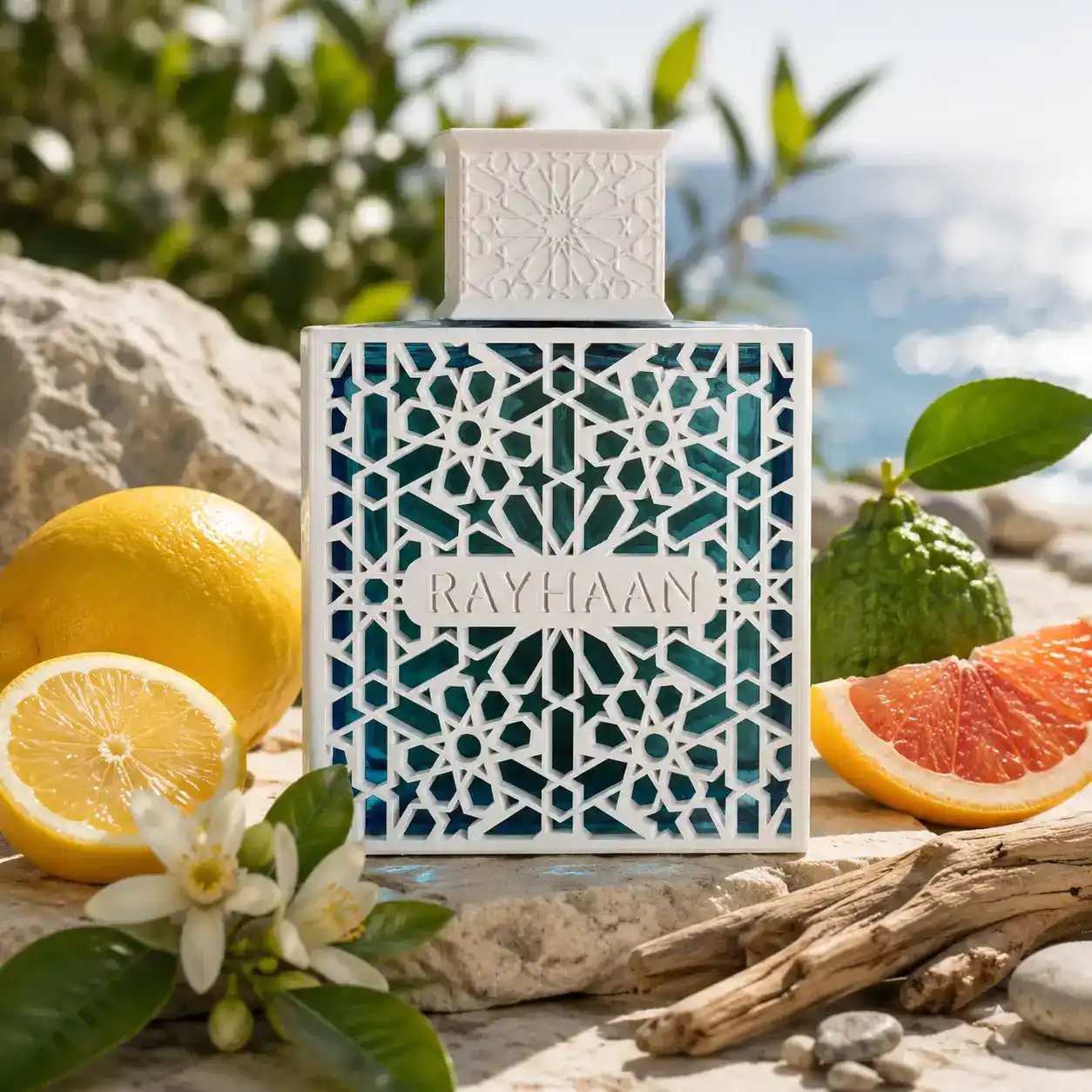 Rayhaan Azul presentado en un entorno natural junto al mar y frutas cítricas.