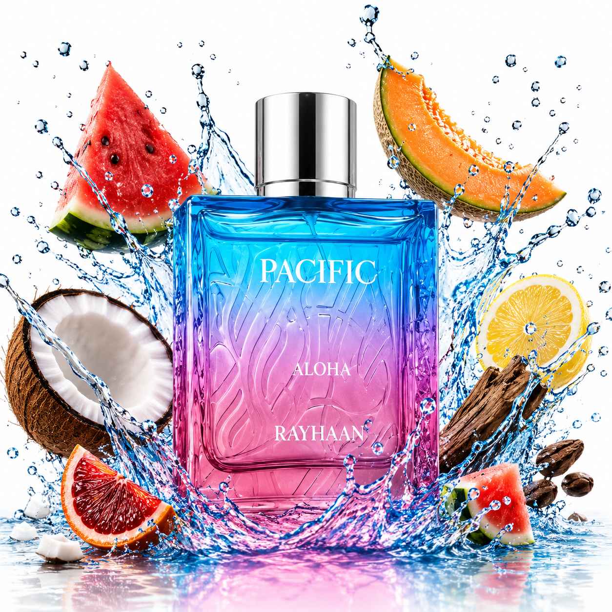 Rayhaan Pacific Aloha rodeado de sandía, coco y cítricos frescos