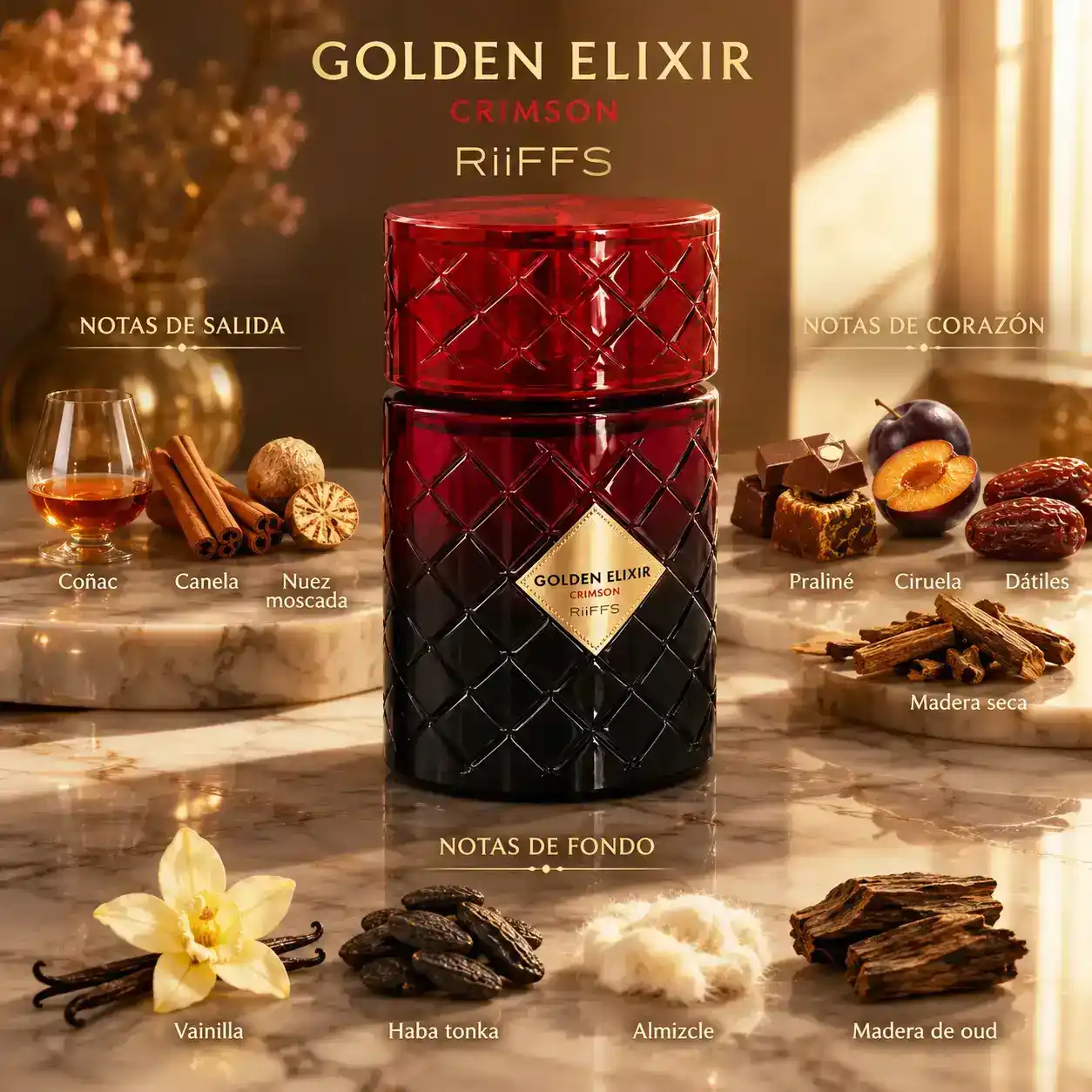 Riiffs Golden Elixir Crimson en ambiente cálido con madera y luz tenue