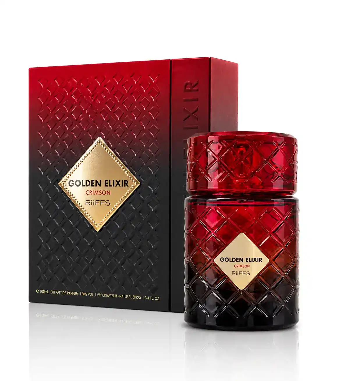 Modelo sosteniendo Riiffs Golden Elixir Crimson en una composición nocturna elegante
